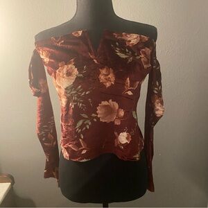 Crushed Velvet Floral Wine Color Crop Off Shoulder with long sleeves from Rue 21